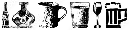 Vintage style drink vessels including champagne bottle, decanter, mug, tumbler, wine glass, and beer stein, rendered in high contrast halftone texture.