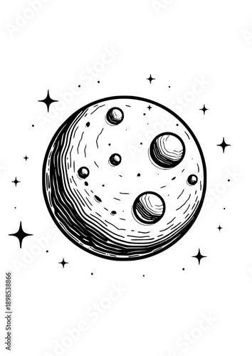 Hand-drawn moon with craters and stars in vintage style representing cosmic beauty