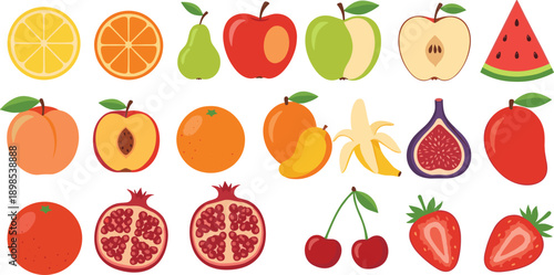 Fresh Fruit Icon Set Featuring Apples Citrus Pears Bananas Berries Pomegranate Figs and Watermelon Illustrations for Healthy Nutrition Organic Food and Market Design