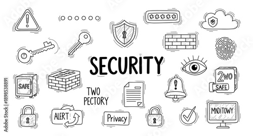 Collection of hand-drawn icons representing various aspects of digital and physical security
