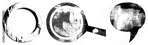 Graphic of speech bubbles rendered in halftone dot, isolated vector symbols for UI or comic design, stylized communication elements.