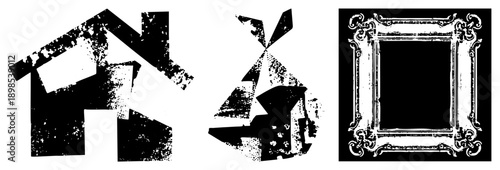 Stylized black and white vector forms with distressed texture, abstract house like silhouette, windmill inspired motif, ornate decorative frame, graphic design elements.