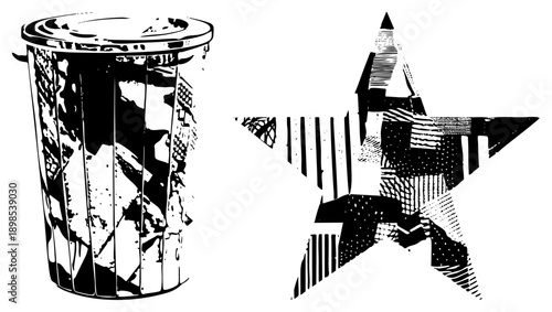 Retro trash bin with lid and star shaped cutout, distressed halftone texture, graphic design, vector art, black and white, urban decor, stencil style.