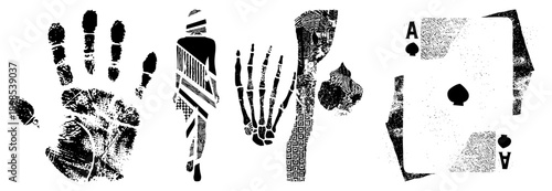 Stylized handprint, skeletal foot, and playing card in halftone, graphic design elements, vector illustration, art, isolated symbols.