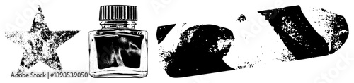 Grunge style ink bottle, star emblem, fragmented silhouettes, vector art, distressed textures, retro graphic design.