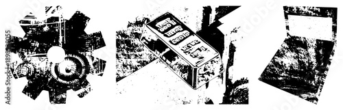 Mechanical cogwheel assembly with gritty halftone texture, industrial machinery component, gear system, mechanical engineering, black and white vector graphic.