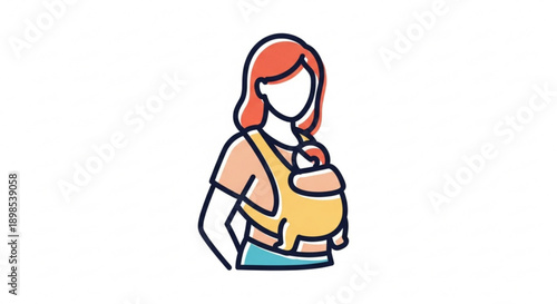 Mother wearing baby carrier with red hair and yellow sling standing confidently