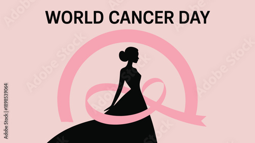 World cancer day awareness illustration with pink ribbon and woman silhouette, breast cancer support prevention and global healthcare concept