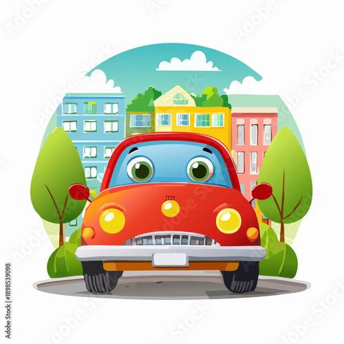 Cartoon red auto and green eco taxi travel on a city road with trees and houses in a vector illustration of summer transportation