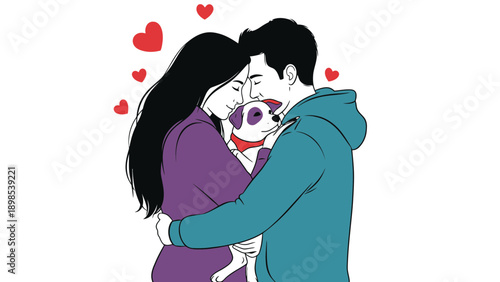 A loving couple embracing and kissing with their adorable dog