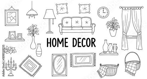 Collection of hand-drawn home decor items and furniture for interior design inspiration