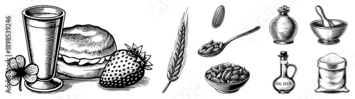 Classic engraved illustrations of food items including sandwich, strawberry, wheat, almonds, oil seed, and kitchen tools, rendered in halftone style.