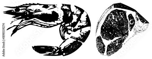 Stylized seafood graphic featuring shrimp and fish fillet, halftone texture, food illustration, culinary art, vector design.