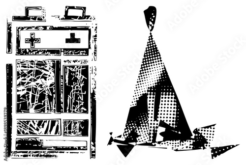 Black and white vector illustration of first aid kit with symbol, emergency triangle with halftone shading, medical supplies, trauma kit, rescue gear.