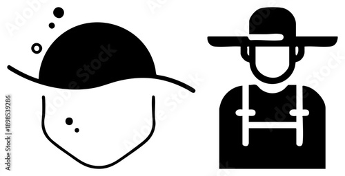 Minimalist vector of two stylized human figures, one with cap and bubbles, one with wide brim hat and suspenders, flat design, isolated graphic elements.