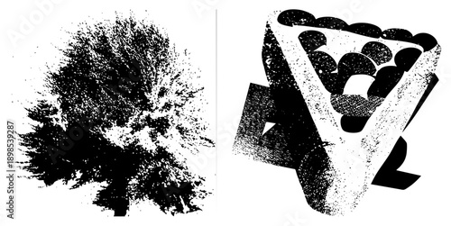 Stylized tree with textured foliage and angular fruit bowl, halftone, graphic design, black and white vector, isolated elements, modern art.