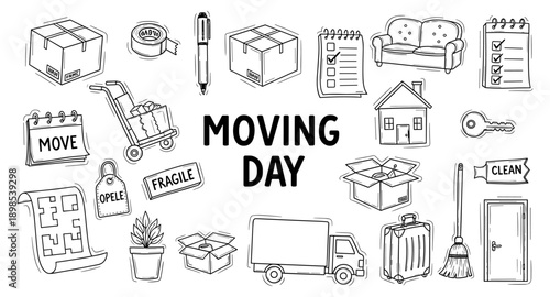Moving Day Doodle Icons Collection: Boxes, Truck, House, and Essentials