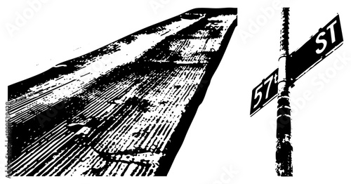 Black and white halftone street sign reading "57th ST" on pole, adjacent to angled wet pavement with streaked texture, urban grit, cityscape detail.