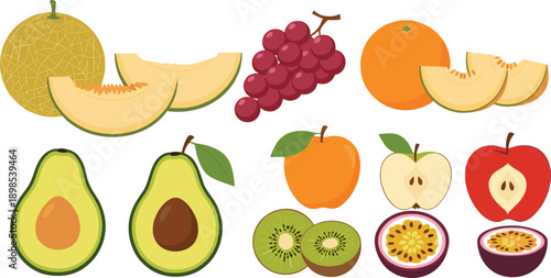 Fresh Fruit Illustration Set Featuring Melon Grapes Orange Avocado Apple Kiwi Passion Fruit and Pear Showing Healthy Nutrition Organic Food and Tropical Produce Concepts