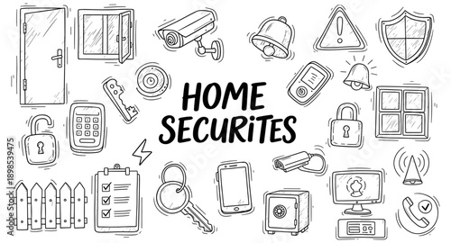 Collection of hand-drawn icons representing home security systems and devices