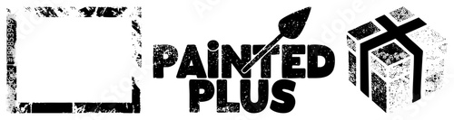 Graphic logo featuring “PAINTED PLUS” text with paintbrush, distressed texture, isometric cube, art supply brand, creative studio mark.
