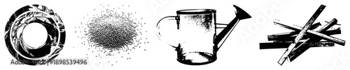 Abstract circular target, halftone dot gradient, classic watering can, stacked firewood all isolated vector graphics in style.