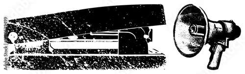 Office stapler and megaphone rendered in bold black vector, halftone grain texture, isolated foreground, flat graphic style, office tools, communication symbols.