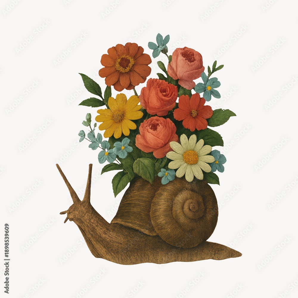 Naklejka premium Snail with vibrant floral arrangement