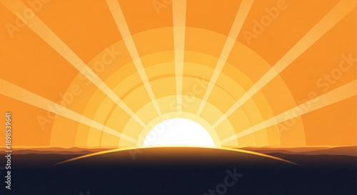 Vibrant sunrise illustration with radiant sunbeams and orange gradient sky