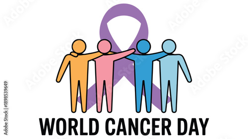 World cancer day awareness illustration with diverse people holding ribbon symbol, global healthcare support and solidarity concept design