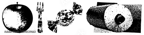 Black and white halftone illustrations of food items, fork, wrapped candy, and cake slice. Vector art with stippled texture, isolated elements, graphic design assets.