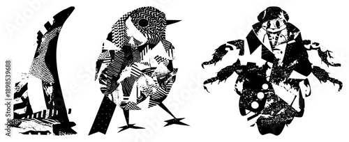Stylized bird,, and beetle rendered in bold black and white halftone, graphic design elements, vector art, isolated foreground subjects.