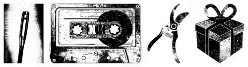 Retro cassette player with spool, rewind/forward buttons, analog recording, music storage device, 80s tech.