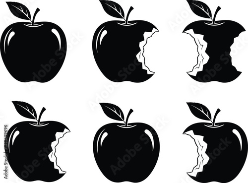 Black and white apple silhouette set, whole and bitten fruit icons, eating progression, vector illustration collection, isolated on white background