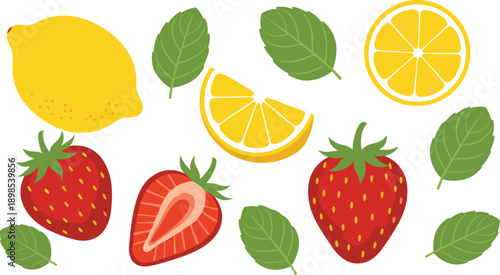 Fresh Lemon and Strawberry Fruit Illustration Set with Leaves Showing Citrus Slices and Berries for Healthy Nutrition, Organic Food, and Summer Design Concepts