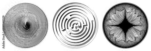 Three circular vector designs featuring concentric, maze like paths, and radial halftone textures, minimalist art, graphic design elements, geometric abstraction.