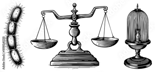 Classic justice scale, bacterial colony illustration, antique hourglass in glass case, engraved art, legal symbolism, scientific diagram, historical artifacts.