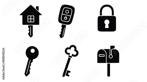 A set of black and white icons representing keys and locks