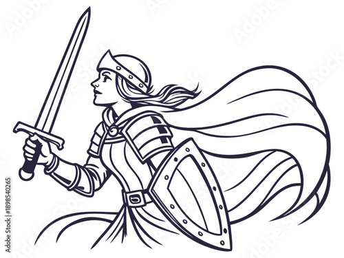 Black and white illustration of a strong female warrior holding a sword and shield