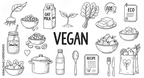 Hand-drawn vegan food and ingredients collection with the word VEGAN prominently displayed
