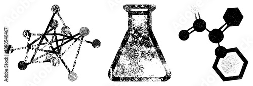 Chemical bonds, molecular diagrams, Erlenmeyer flask, scientific analysis, lab equipment, chemistry education, research tools.