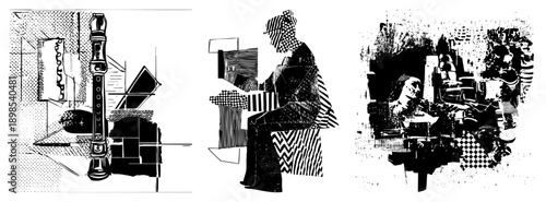 Stylized figures engaged in creative labor, rendered in bold halftone textures, graphic art, vector, industrial and artistic fusion.