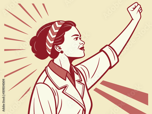 Retro illustrated woman raising her fist in a powerful gesture of solidarity and strength