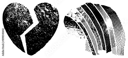Split heart symbolizing breakup, halftone brain, distressed graphic design, emotional, vector art.