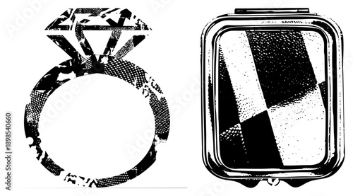 Retro style ring with diamond and compact mirror, halftone shading, vector illustration, black and white, graphic design elements.