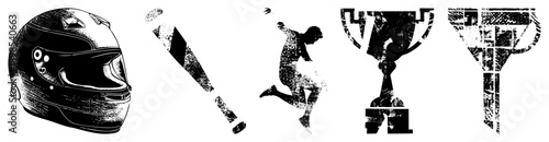 Sports gear including racing helmet, baseball bat, jumping athlete, trophy, and funnel, rendered in gritty black and white vector style.