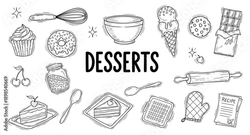 Hand-drawn collection of sweet desserts and baking tools in a doodle style