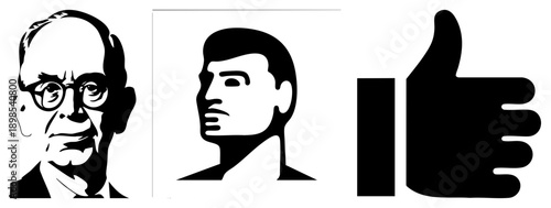 Stylized vector featuring a detailed portrait, minimalist profile, and bold thumbs up hand. Flat design with high contrast, ideal for UI, branding, or digital interfaces.