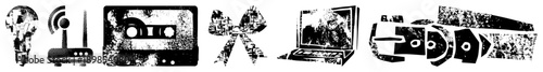 Vintage electronics symbols including lightbulb, router, cassette, bow, laptop, and phone, rendered in gritty, fragmented vector style with halftone texture.