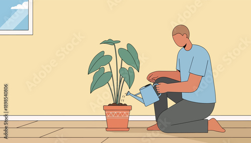 Man kneeling on the floor watering a potted plant with a blue watering can in a serene indoor setting gently